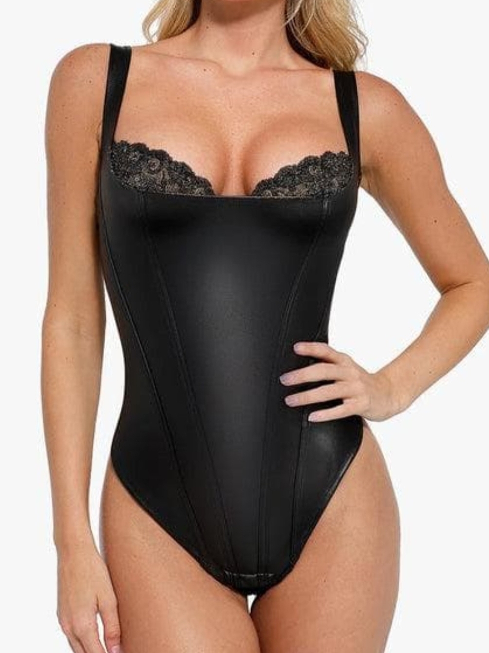 Popilush Shapewear Faux Leather Lace Balconette Sculpting Bodysuit - Picture 8 of 8